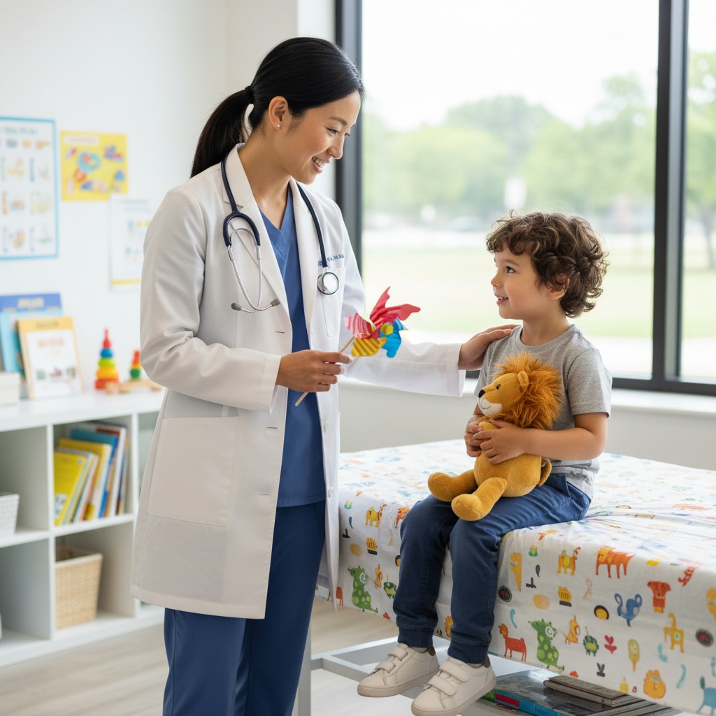 A female pediatrician smiles while showing a colorful pinwheel to a young boy holding a stuffed lion on an exam table.