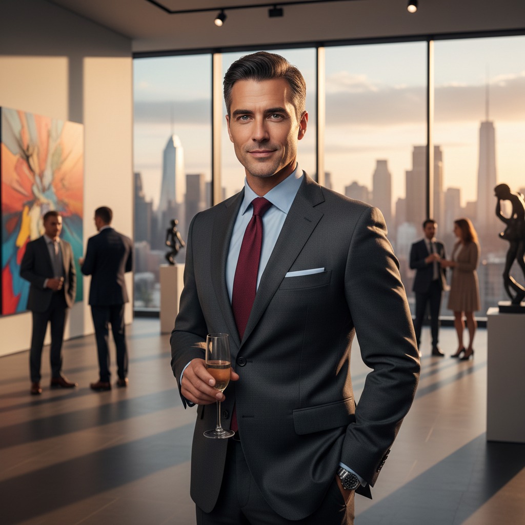 A well-dressed man in a suit holds a glass of champagne at a business networking event in a high-rise office overlooking a city skyline.