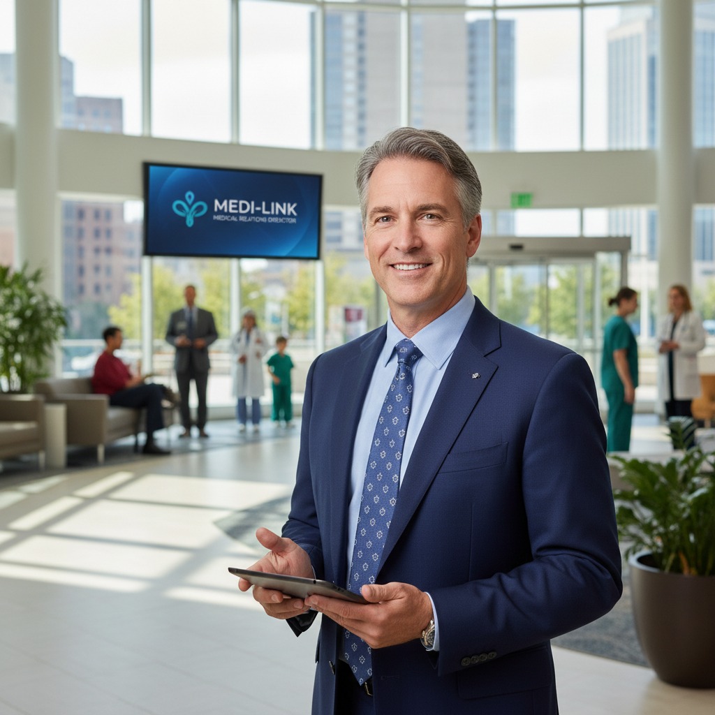 A professional man in a suit holds a tablet in a bright, modern hospital lobby with staff and patients in the background.