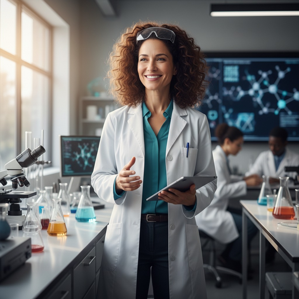 A smiling female scientist in a lab coat holds a tablet in a laboratory with colleagues working in the background.